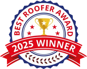 Best Roofer Award 2025 Winner badge with gold trophy and red stars