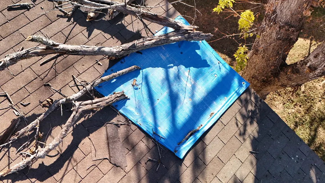 Blue tarp covering storm damage on an asphalt shingle roof