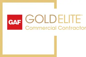 GAF Gold Elite Commercial Contractor certification badge with red and gold branding