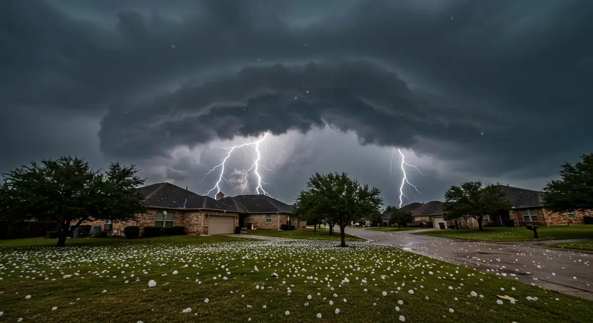 Suburban neighborhood with brick homes during severe thunderstorm with lightning, hail covering lawn, dark storm clouds