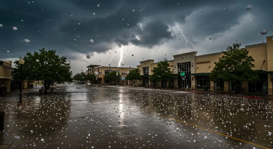 A hailstorm and lightning breaking over a commercial building in Texas