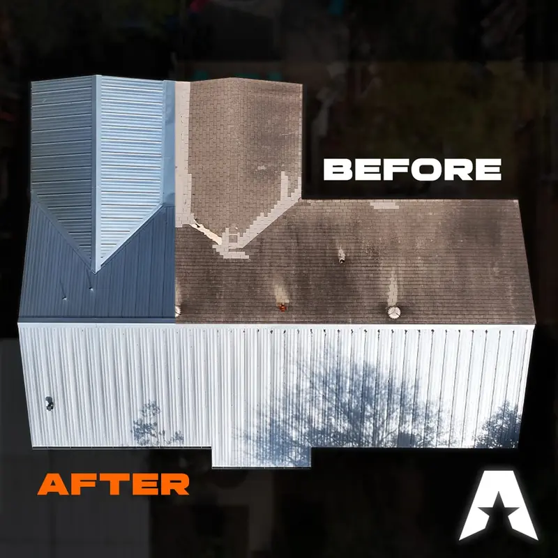 Before and after roof replacement showing deteriorated brick chimney and weathered metal siding transformed to clean white