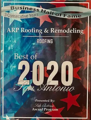 San Antonio Business Hall of Fame Best of 2020 award certificate for ARP Roofing & Remodeling, 3 consecutive years