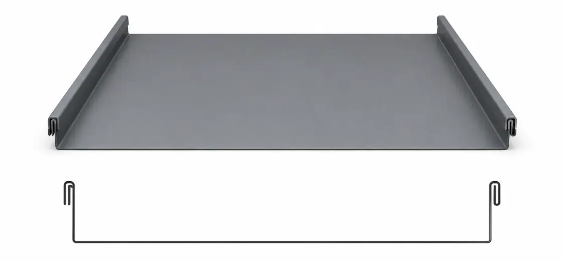 Flat standing seam metal panel profile with a smooth, flat pan between the seams