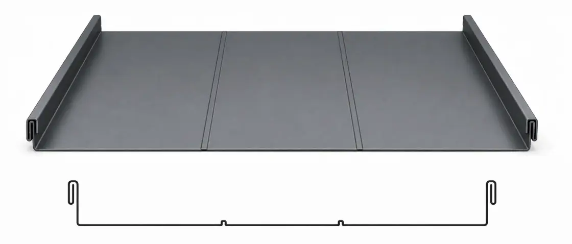 Pencil rib standing seam metal panel profile with small raised ribs running the length of the pan