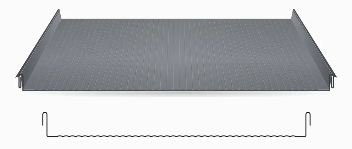 Striated standing seam metal panel profile with fine, shallow lines pressed lengthwise across the pan
