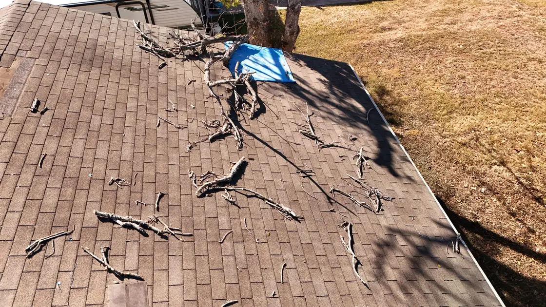 A Texas roof with storm debris and a protective tarp covering damaged shingles